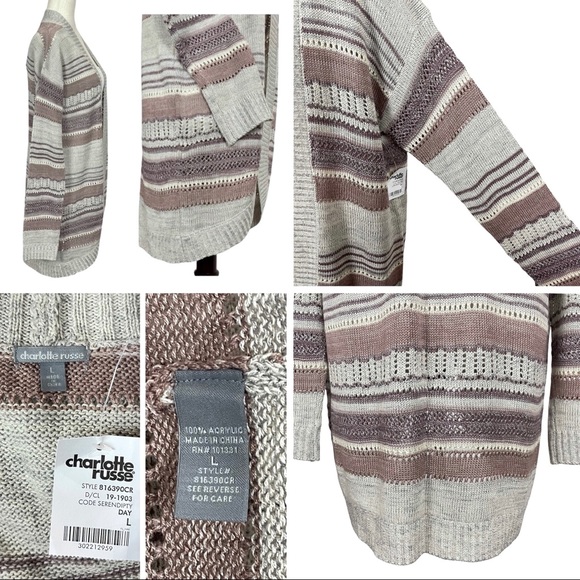 Charlotte Russe Open Knit Long Sleeve Lightweight Striped Cardigan Sweater - Picture 16 of 16